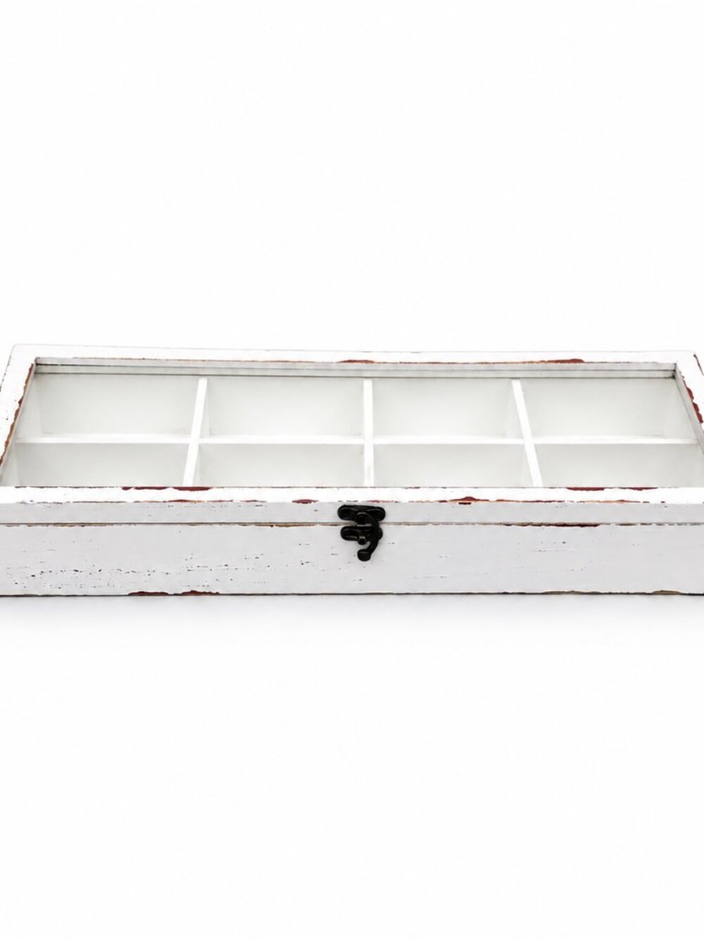 Vintage Distressed Wood Glass Display & Organizer Box – 8 Compartments